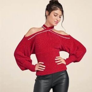 VENUS RED CRISS CROSS FRONT COLD SHOULDER CHENILLE SWEATER WITH BLING medium